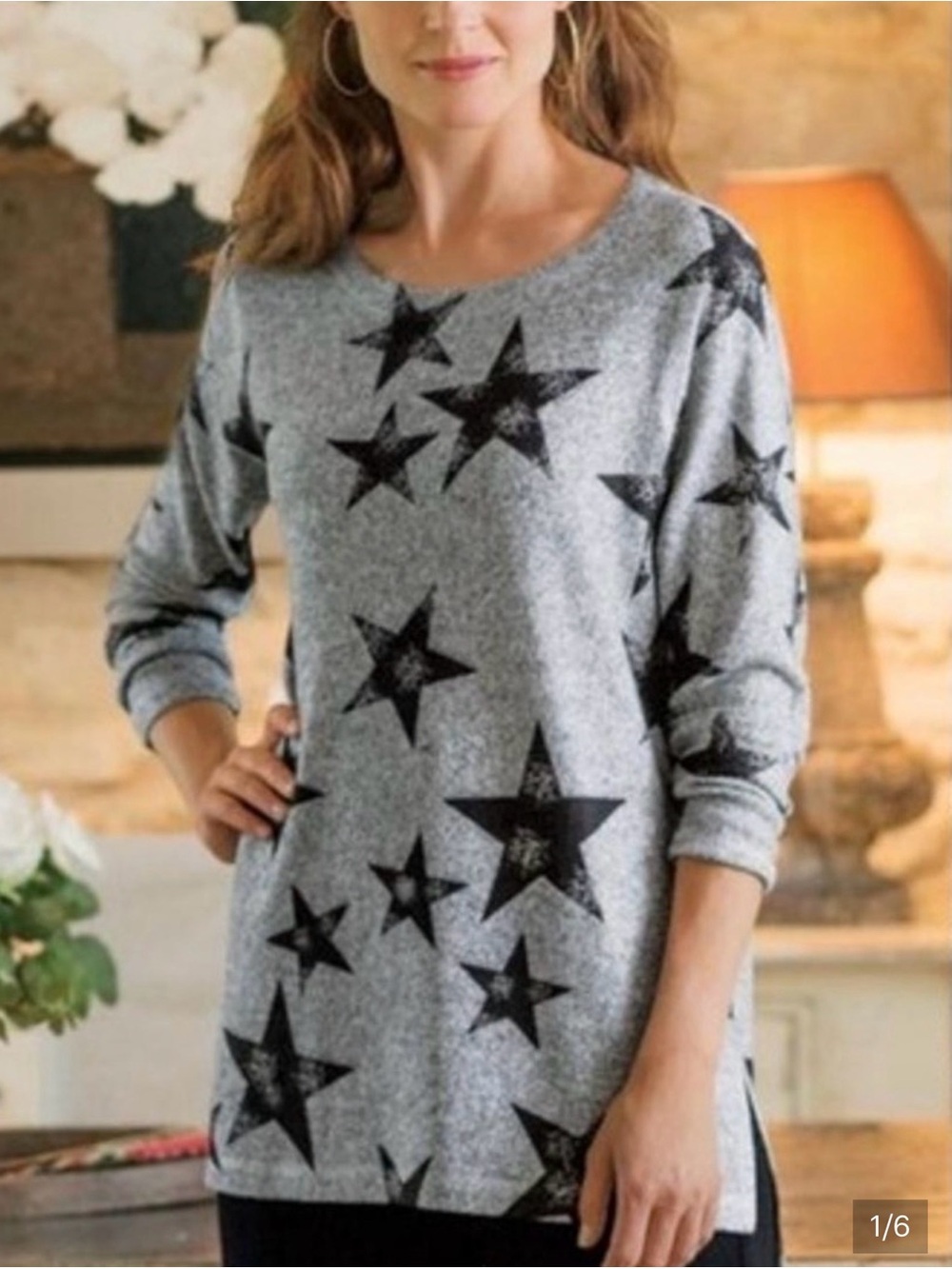 Soft Surroundings E'toile Star Knit Sweater Tunic Top Gray Size Large